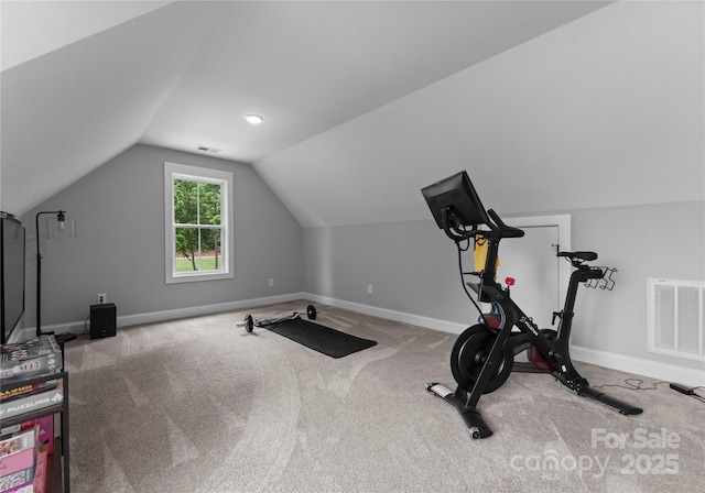 2646 Lee Lawing Rd, Lincolnton, NC 28092 - exercise room featuring lofted ceiling, baseboards, and carpet floors
