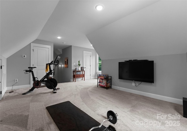 2646 Lee Lawing Rd, Lincolnton, NC 28092 - exercise room with vaulted ceiling, carpet flooring, baseboards, and recessed lighting
