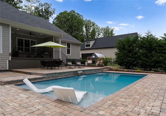 2646 Lee Lawing Rd, Lincolnton, NC 28092 - outdoor pool with a patio, a ceiling fan, and fence