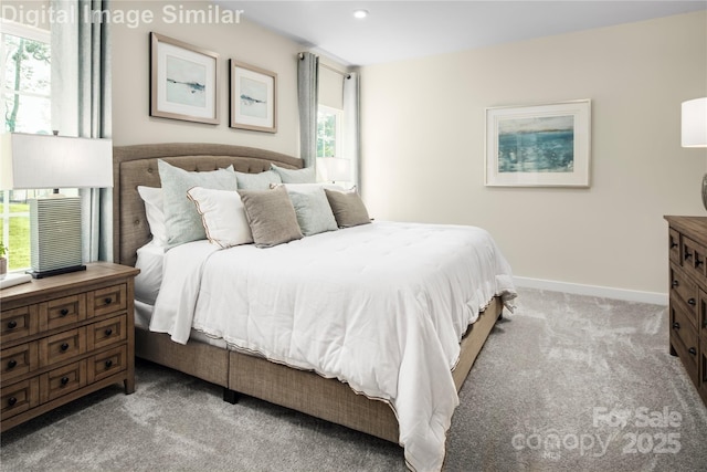 bedroom with carpet floors, recessed lighting, and baseboards