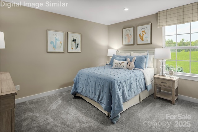 bedroom with carpet floors, recessed lighting, and baseboards