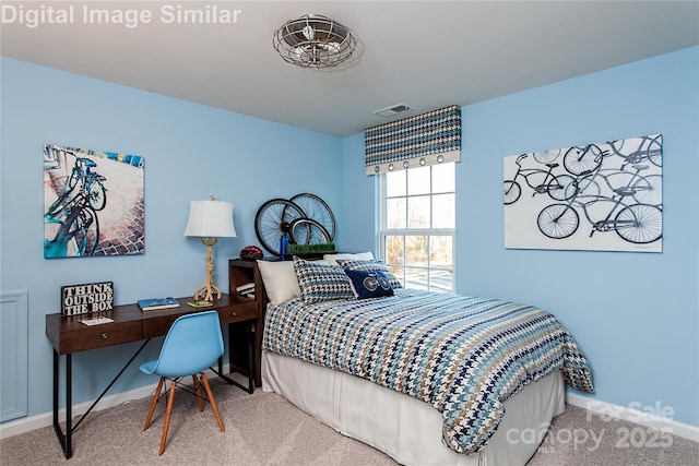 bedroom featuring carpet floors, baseboards, and visible vents