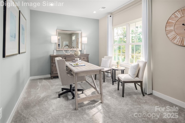 office featuring baseboards and light carpet