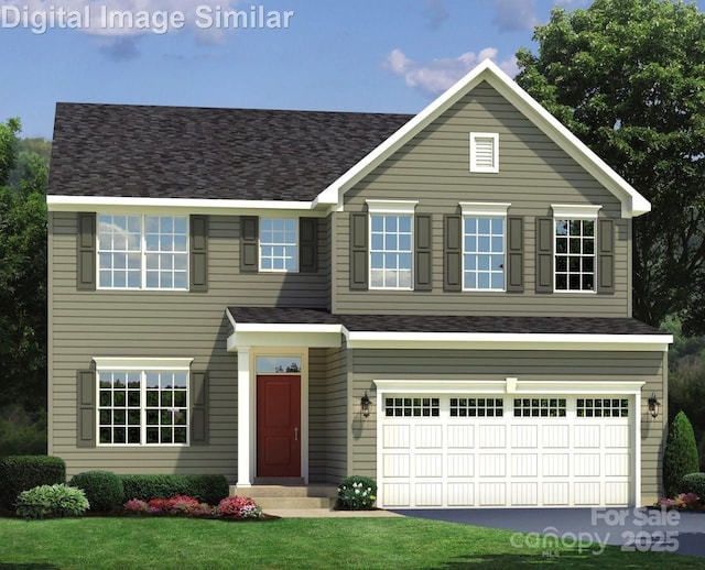 traditional home with an attached garage, a shingled roof, a front lawn, and aphalt driveway
