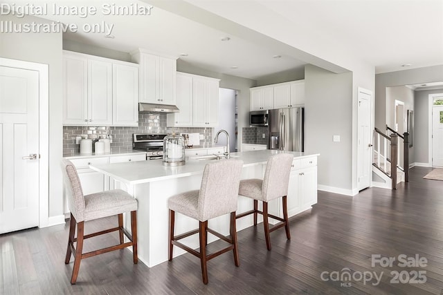 kitchen featuring appliances with stainless steel finishes, a sink, backsplash, under cabinet range hood, and dark wood-style floors
