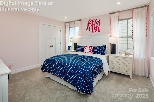 carpeted bedroom with baseboards, multiple windows, a closet, and recessed lighting