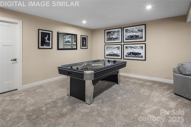rec room with baseboards, carpet flooring, and recessed lighting
