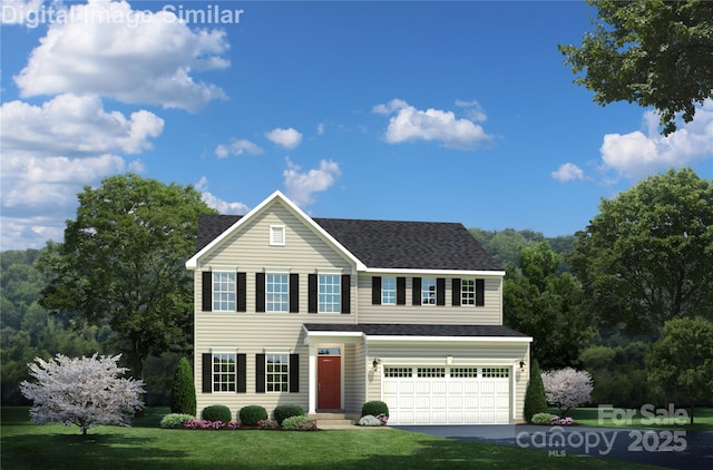 traditional home featuring a garage, roof with shingles, aphalt driveway, and a front yard