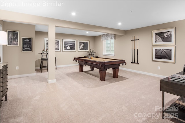 rec room with baseboards, recessed lighting, pool table, and light carpet