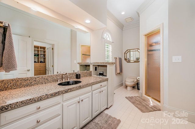 5400 Challisford Ln, Charlotte, NC 28226 - full bathroom with toilet, tile patterned floors, crown molding, a shower stall, and vanity