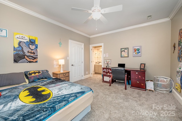 5400 Challisford Ln, Charlotte, NC 28226 - carpeted bedroom featuring crown molding, baseboards, a ceiling fan, and visible vents