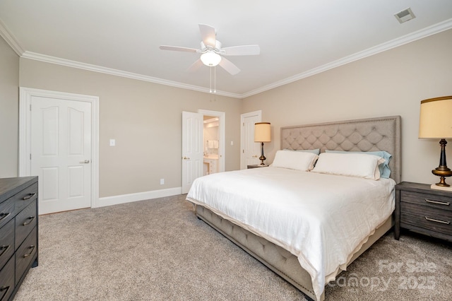 5400 Challisford Ln, Charlotte, NC 28226 - bedroom featuring a ceiling fan, baseboards, ornamental molding, connected bathroom, and light carpet