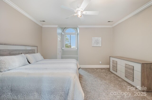 5400 Challisford Ln, Charlotte, NC 28226 - bedroom with light colored carpet, crown molding, baseboards, and ceiling fan
