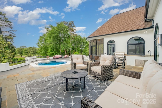 5400 Challisford Ln, Charlotte, NC 28226 - view of patio featuring outdoor lounge area, a hot tub, an outdoor pool, and a sink
