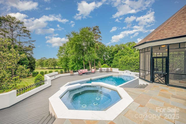 5400 Challisford Ln, Charlotte, NC 28226 - outdoor pool with an in-ground hot tub, an outdoor hangout area, a deck, and view of scattered trees