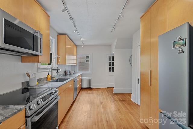 kitchen featuring radiator, light wood finished floors, a sink, track lighting, and stainless steel appliances