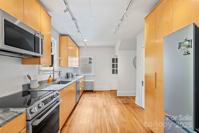 21 Sylvan Ave, Asheville, NC 28801 - kitchen featuring appliances with stainless steel finishes, track lighting, radiator heating unit, a sink, and light wood-style flooring