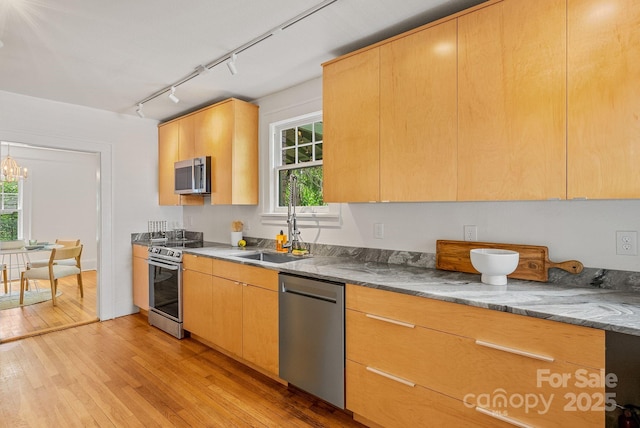 21 Sylvan Ave, Asheville, NC 28801 - kitchen with stainless steel appliances, track lighting, a sink, light wood-type flooring, and a chandelier