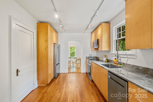 21 Sylvan Ave, Asheville, NC 28801 - kitchen featuring stainless steel appliances, track lighting, light wood finished floors, a sink, and light stone countertops