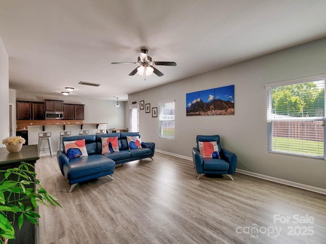 6541 Hasley Woods Dr, Huntersville, NC 28078 - living area featuring baseboards, ceiling fan, visible vents, and light wood-style flooring