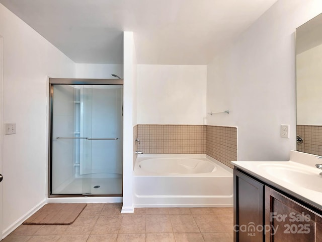 6541 Hasley Woods Dr, Huntersville, NC 28078 - bathroom featuring vanity, a stall shower, a bath, and tile patterned floors