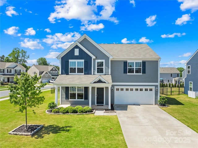 133 W Neel Ranch Rd, Mooresville, NC 28115 - traditional-style house featuring a garage, fence, a front yard, board and batten siding, and driveway
