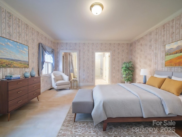 3015 Hamptonbrook Dr, Gastonia, NC 28056 - bedroom with ornamental molding, wallpapered walls, and ensuite bath