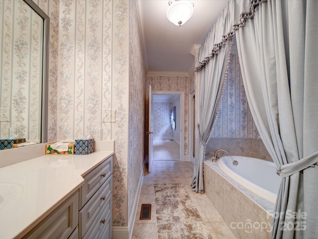 3015 Hamptonbrook Dr, Gastonia, NC 28056 - full bath featuring wallpapered walls, a bath, vanity, baseboards, and crown molding