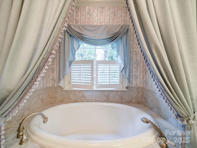 3015 Hamptonbrook Dr, Gastonia, NC 28056 - bathroom with wallpapered walls and a bath