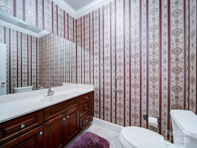 3015 Hamptonbrook Dr, Gastonia, NC 28056 - half bath featuring toilet, tile patterned flooring, wallpapered walls, and vanity