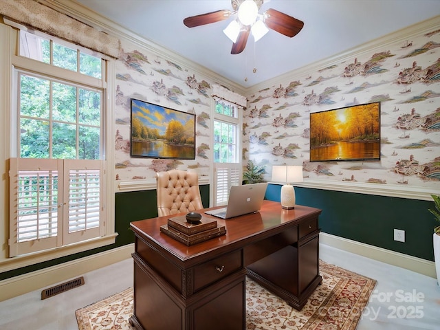 3015 Hamptonbrook Dr, Gastonia, NC 28056 - office featuring wallpapered walls, a ceiling fan, and crown molding