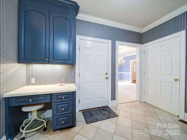 3015 Hamptonbrook Dr, Gastonia, NC 28056 - home office with ornamental molding, light tile patterned floors, a chandelier, and wallpapered walls