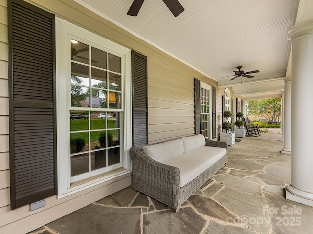 view of patio / terrace with covered porch and a ceiling fan