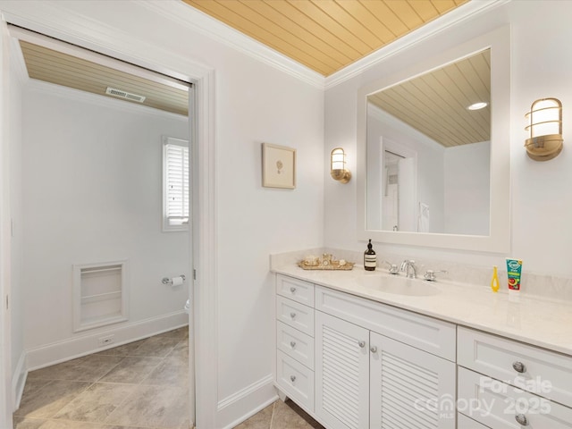 bathroom with wooden ceiling, crown molding, vanity, baseboards, and toilet