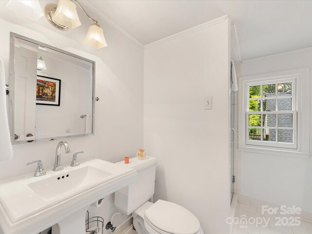 bathroom with ornamental molding, a stall shower, toilet, and a sink