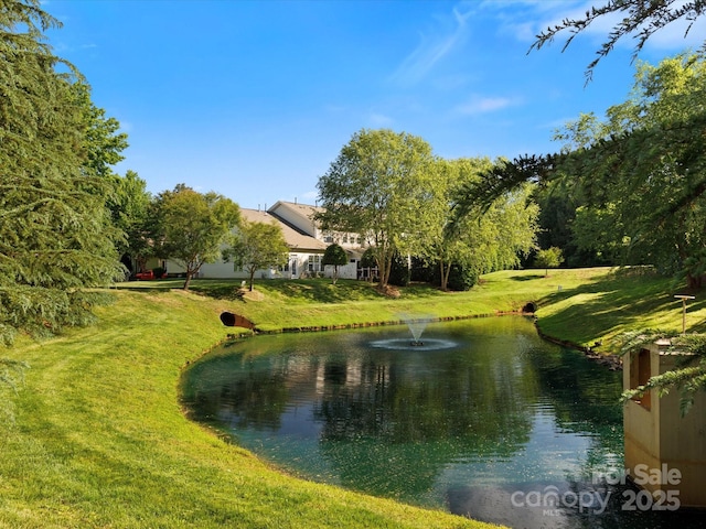view of property's community featuring a lawn and a water view