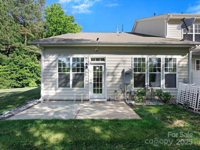 back of property with a patio and a yard