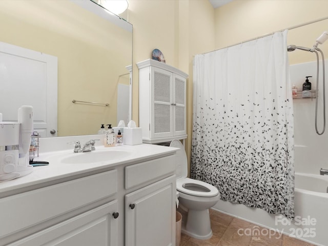 bathroom with tile patterned flooring, shower / bath combination with curtain, toilet, and vanity