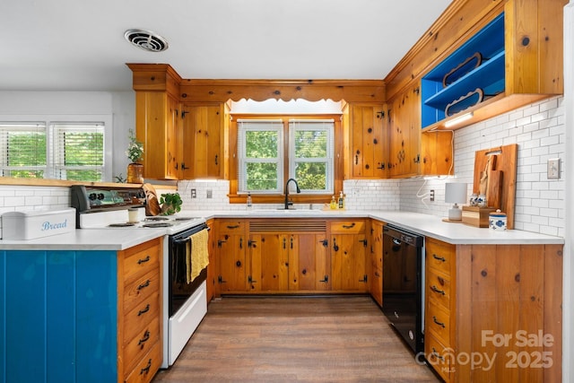 3418 Sulphur Springs Rd NE, Hickory, NC 28601 - kitchen featuring white electric stove, dishwasher, a sink, open shelves, and tasteful backsplash
