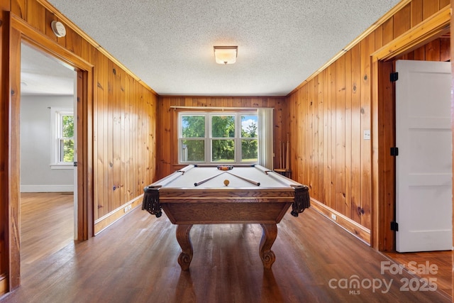 3418 Sulphur Springs Rd NE, Hickory, NC 28601 - recreation room featuring billiards table, ornamental molding, baseboards, wood walls, and wood finished floors