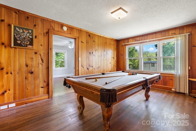 3418 Sulphur Springs Rd NE, Hickory, NC 28601 - recreation room featuring wood finished floors, billiards, wooden walls, a textured ceiling, and baseboards