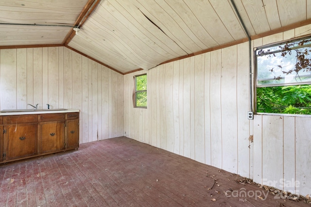 3418 Sulphur Springs Rd NE, Hickory, NC 28601 - unfurnished living room with wooden ceiling, wooden walls, and vaulted ceiling