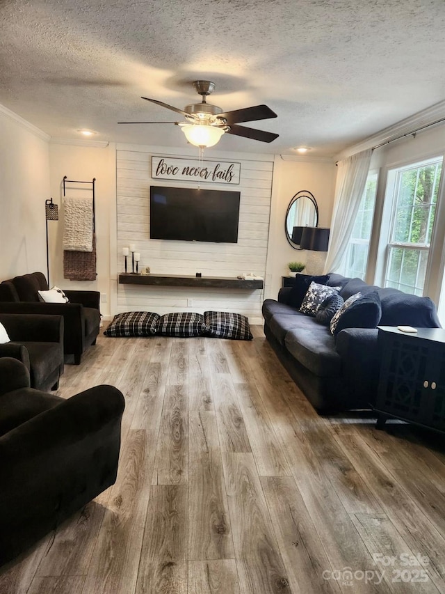 2025 Kisatchie Dr, Hickory Grove, SC 29717 - living area featuring a textured ceiling, ornamental molding, wood finished floors, and a ceiling fan