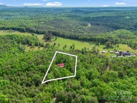 aerial view featuring a wooded view