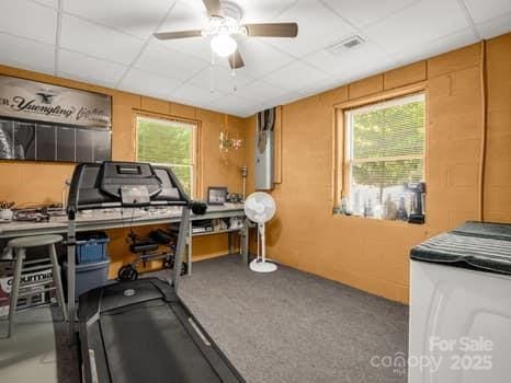 exercise room with plenty of natural light, a ceiling fan, a paneled ceiling, and carpet flooring
