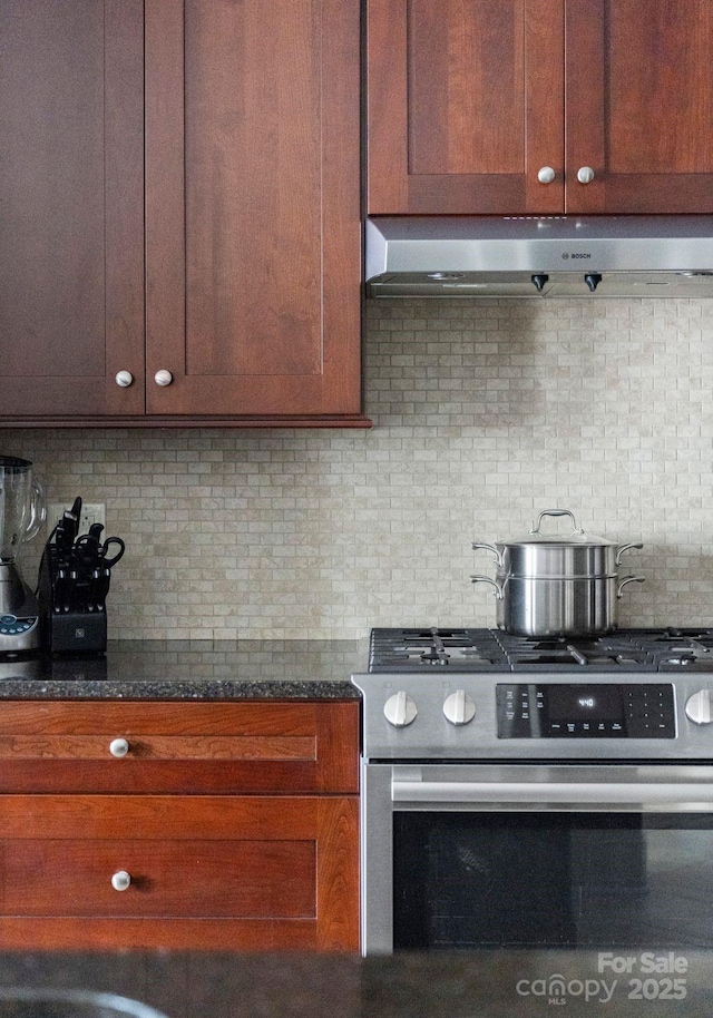 435 S Tryon St Unit 601, Charlotte, NC 28202 - kitchen with under cabinet range hood, decorative backsplash, stainless steel gas stove, and dark stone countertops