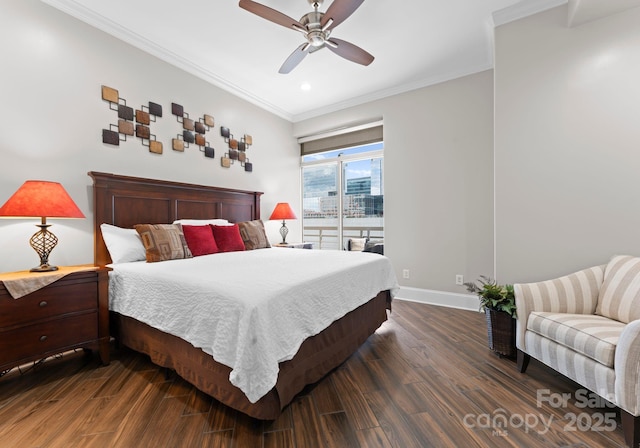 435 S Tryon St Unit 601, Charlotte, NC 28202 - bedroom featuring access to outside, ornamental molding, baseboards, and dark wood finished floors