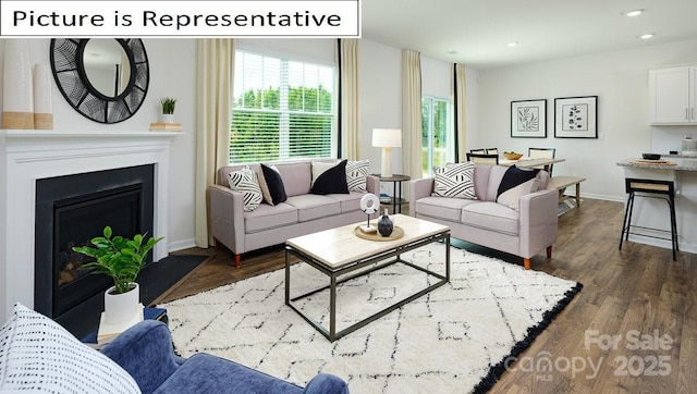 living area with recessed lighting, baseboards, dark wood-style floors, and a fireplace