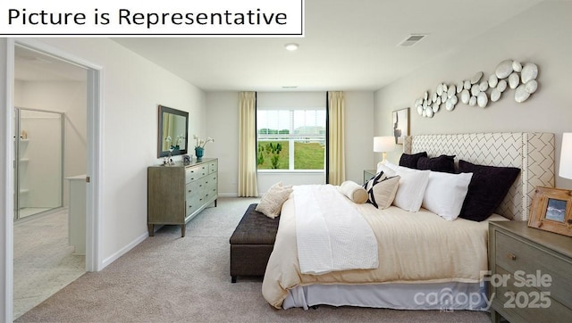 bedroom with baseboards, visible vents, and carpet