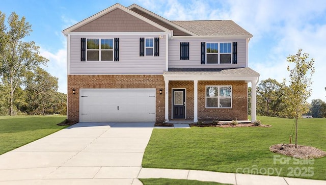 view of front of home with a garage, a front yard, brick siding, a shingled roof, and driveway